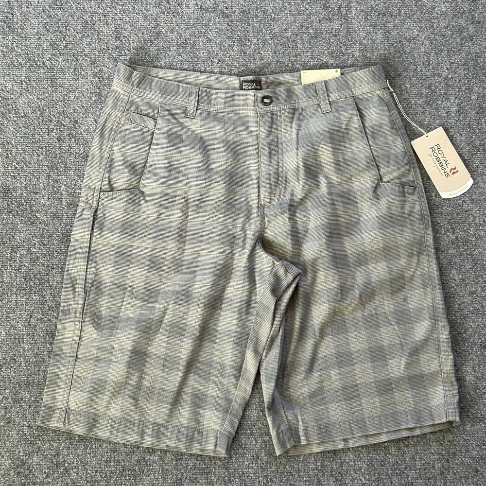 Royal Robbins Shorts Men's 34 Epitome Stretch Plaid Light Silver Comfort Stretch